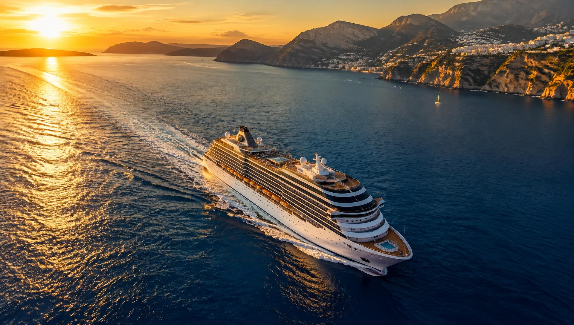 Luxury cruise ship sailing the Mediterranean at golden hour